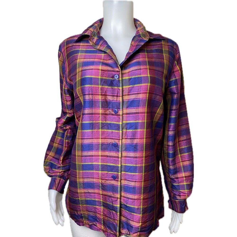 N91. Silk Lore Silk  Shirt M Plaid Multicolor Blouse Long Sleeve Collared Button